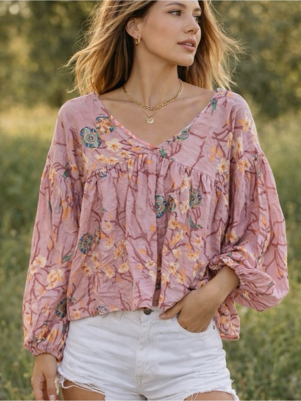 Bucketlist Pink Floral Boho Blouse
Peasant Top Large 100% Cotton
Cottagecore